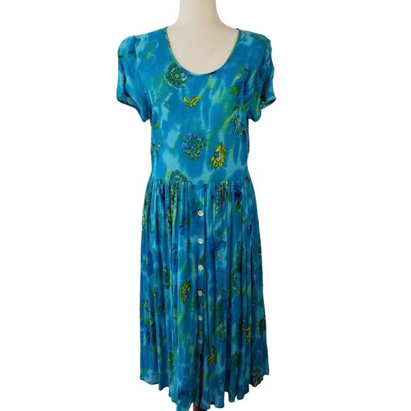 Bila Blue Green Yellow Floral Maxi Short Sleeve Dress Boho Pleated Skirt Size M - Picture 1 of 4